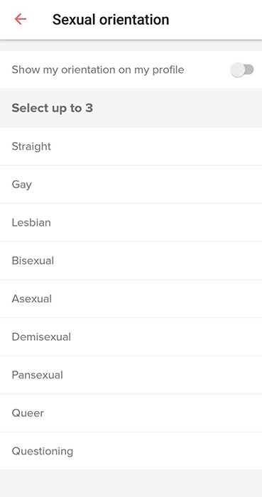 Tinder app: Sexual orientation screen