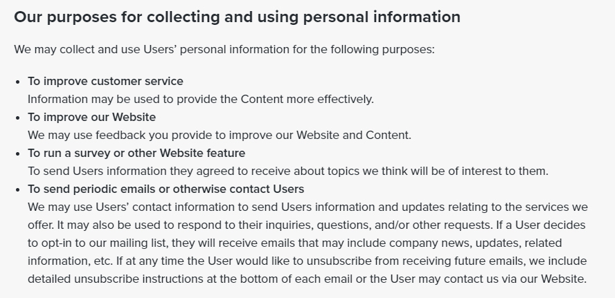 UTAM Privacy Policy: Our purposes for collecting and using personal information clause