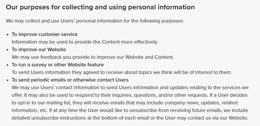 UTAM Privacy Policy: Our purposes for collecting and using personal information clause