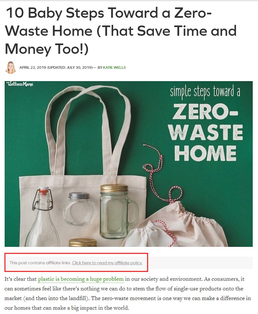 Wellness Mama blog article with affiliate link disclosure highlighted
