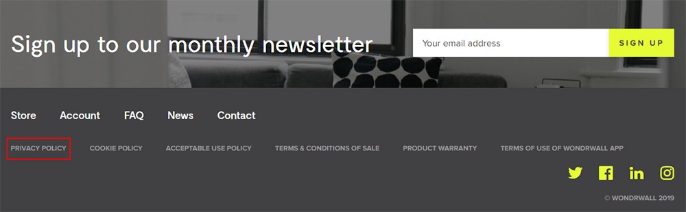 Wondrwall website footer with Privacy Policy link highlighted