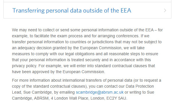 ABRSM Privacy Policy: Transferring personal data outside of the EEA