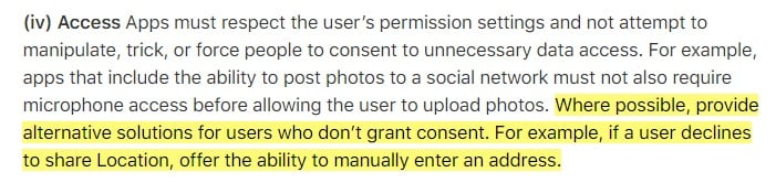 Apple App Store Review Guidelines: Clause for Data Collection and Storage - Alternative Access clause