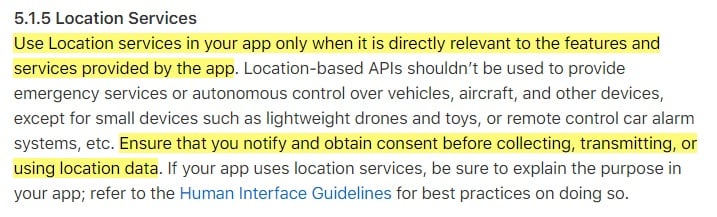 Apple App Store Review Guidelines: Legal - Location Services clause