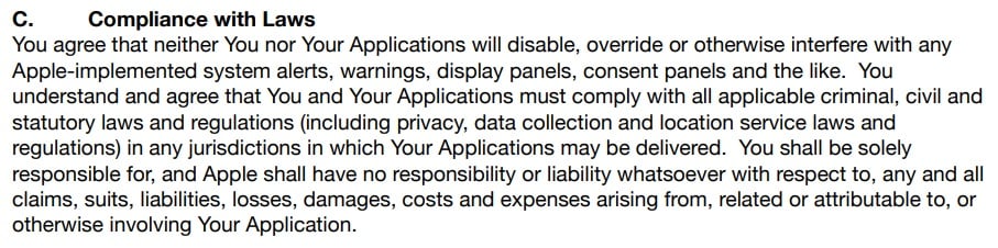 Apple SDK Agreement: Compliance with Laws clause