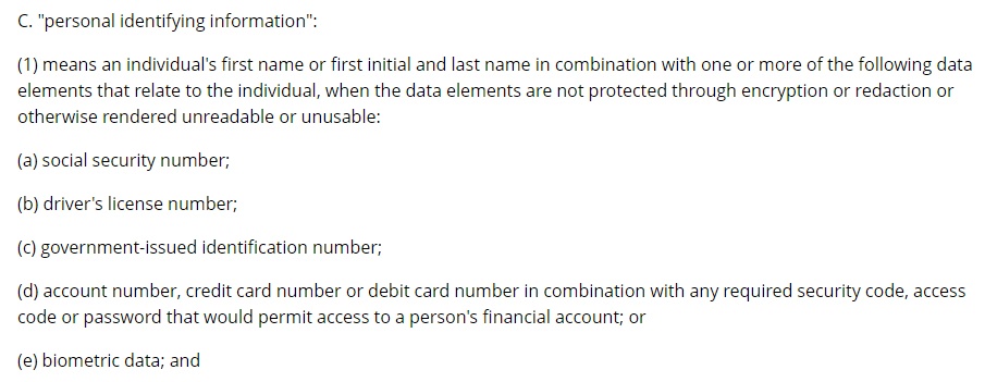 Justia: New Mexico statutes Section 57-12C-2 Definitions - Personal Identifying Information section