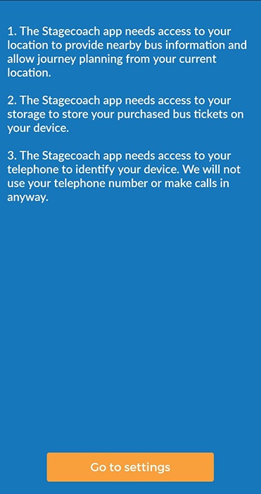 Stagecoach bus app: Access permissions screen