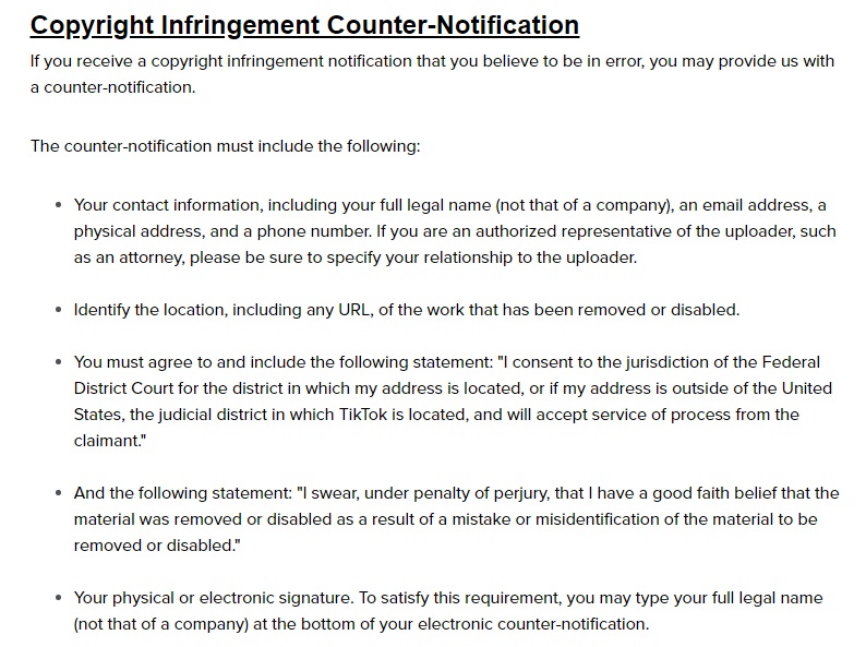 TikTok Copyright Policy: Copyright Infringement Counter-Notification Instructions