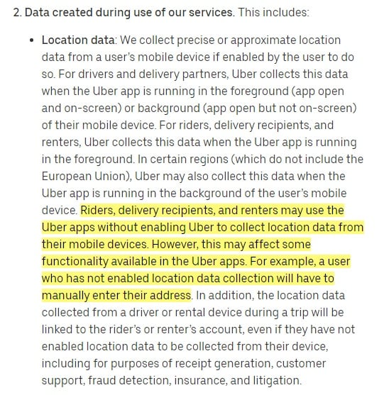 Uber Privacy Notice: Data created during use of services clause - Location section