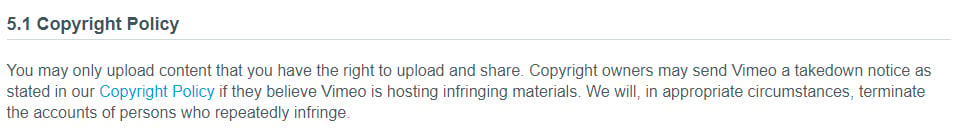 Vimeo Terms of Service: Copyright Policy clause