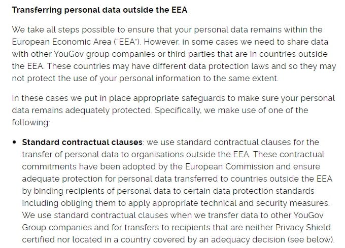 YouGov Privacy and Cookie Notice: Transferring personal data outside the EEA: Standard contractual clauses section
