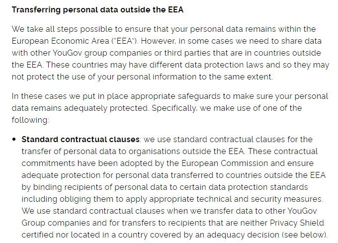 YouGov Privacy and Cookie Notice: Transferring personal data outside the EEA: Standard contractual clauses section