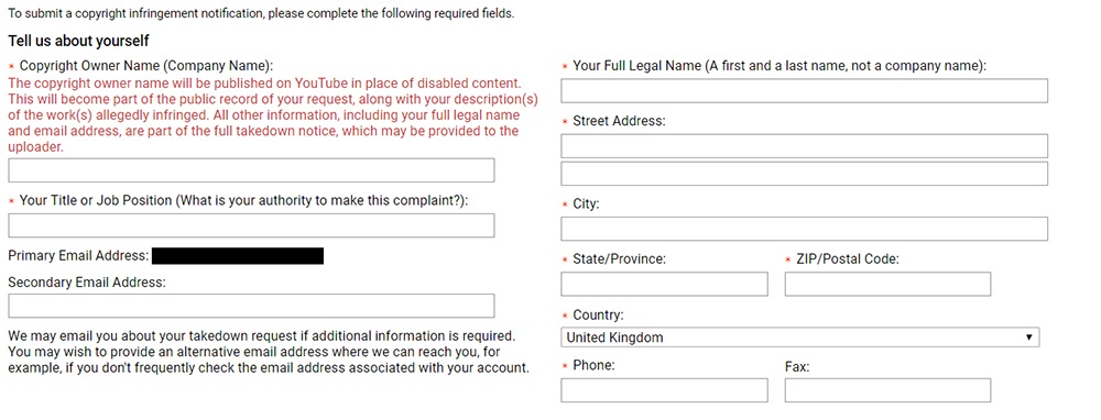 Screenshot of YouTube Copyright Infringement Notification form