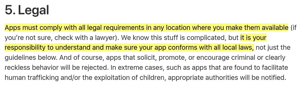 Apple App Store Review Guidelines: Legal section intro clause