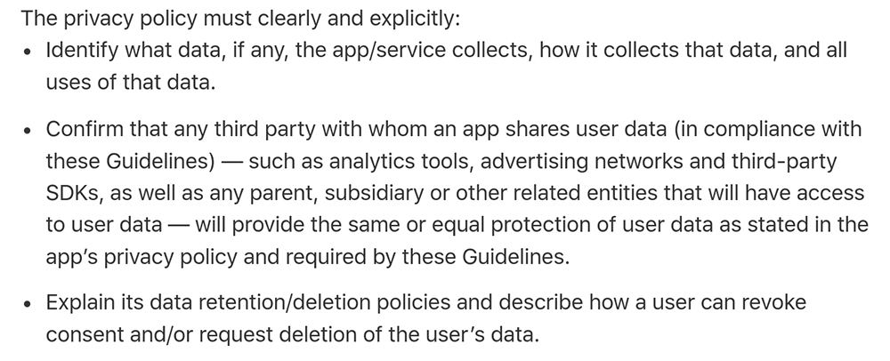 Apple App Store Review Guidelines: Privacy Policy requirements clause