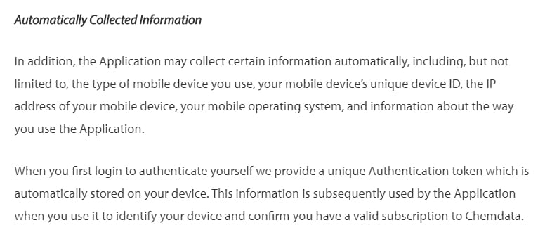 Chemdata Privacy Policy: Automatically Collected Information clause