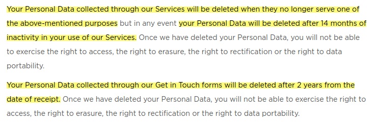 Easybrain Privacy Policy: Excerpt of Data Retention clause