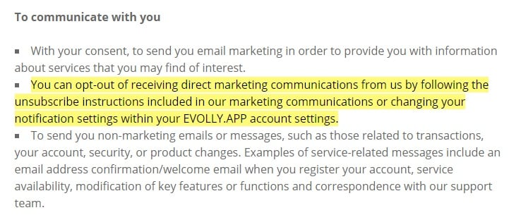 evolly app Privacy Policy: How we use information - To communicate with you clause with opt-out highlighted