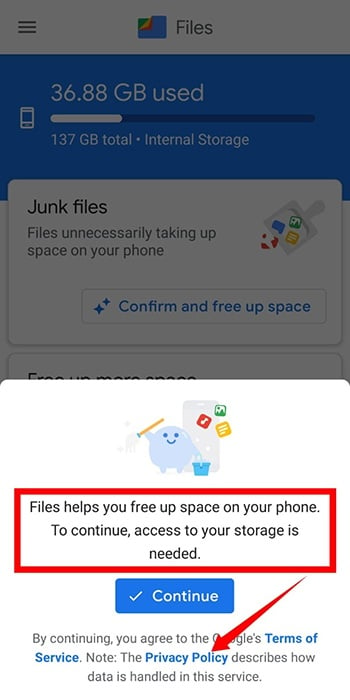 Google Files Android App: Continue screen with Privacy Policy highlighted