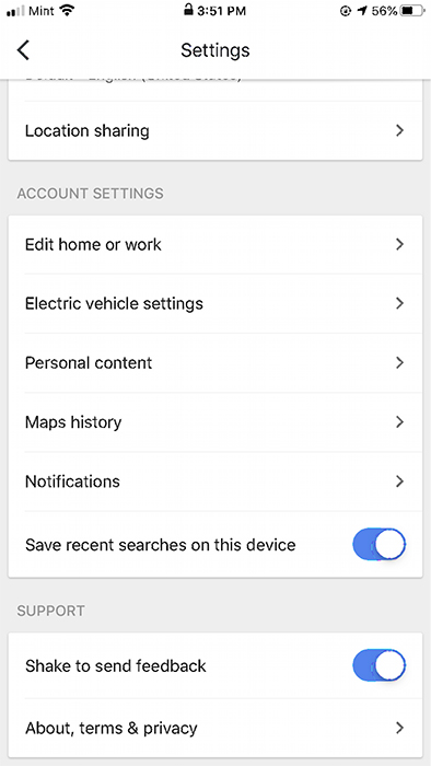 Google Maps iOS app: Settings screen