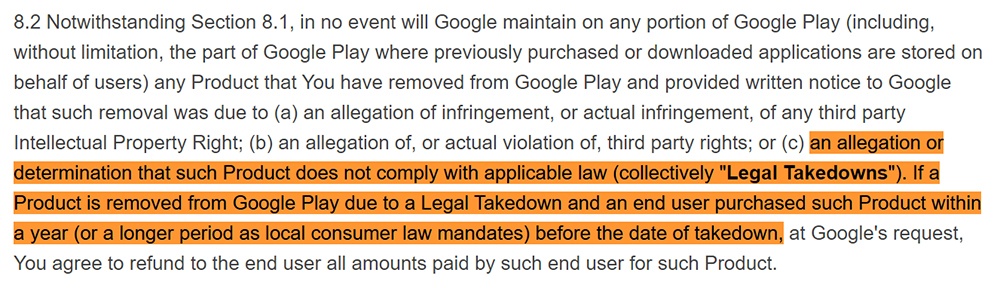 Google Play Developer Distribution Agreement: Legal takedown clause