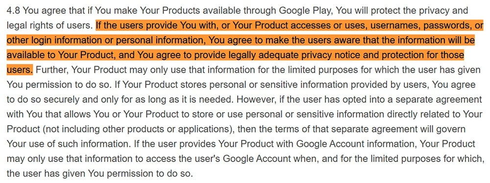 Google Play Developer Distribution Agreement: Privacy notice requirement clause