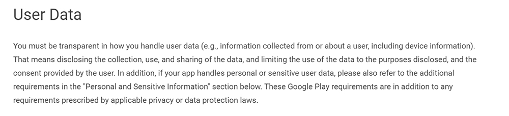 Google Play Developer Policy Center: Privacy, Security and Deception - User Data section