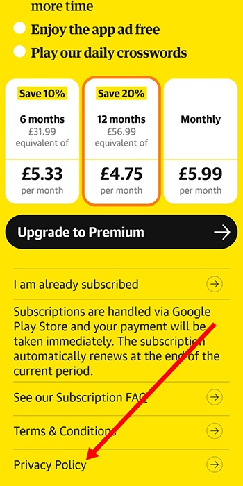 The Guardian Android App: Upgrade screen with Privacy Policy highlighted