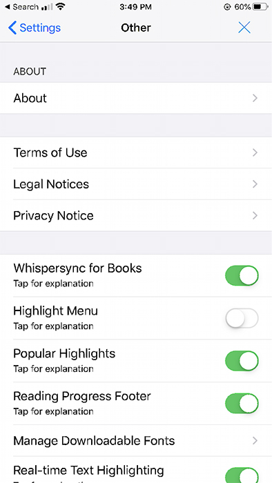 Kindle iOS app: Other menu screen
