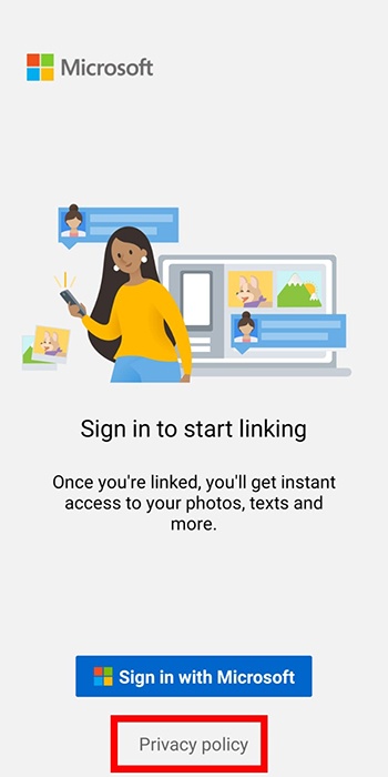 Microsoft Android App: Sign-in screen with Privacy Policy highlighted
