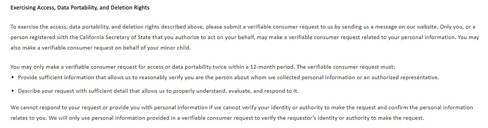 NVA Privacy Policy: Exercising Access, Data Portability, and Deletion Rights clause