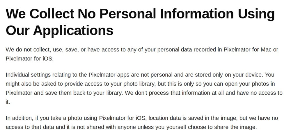 Pixelmator Privacy Policy: No personal information is collected