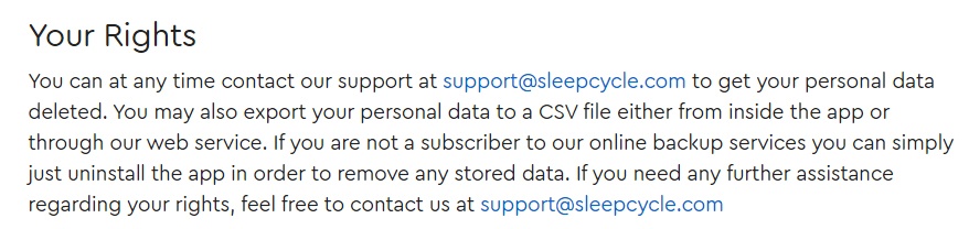 Sleep Cycle Privacy Policy: Your Rights - Delete personal data clause