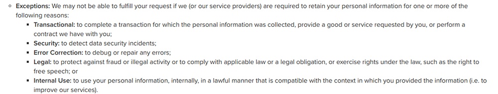 UGG Privacy Policy: Right to Deletion clause - Exceptions excerpt