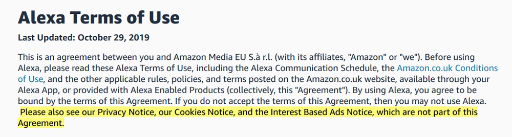 Alexa Terms of Use: Intro clause with other agreement section highlighted