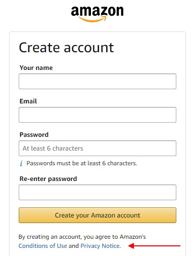 Amazon Create Account form with Privacy Notice highlighted