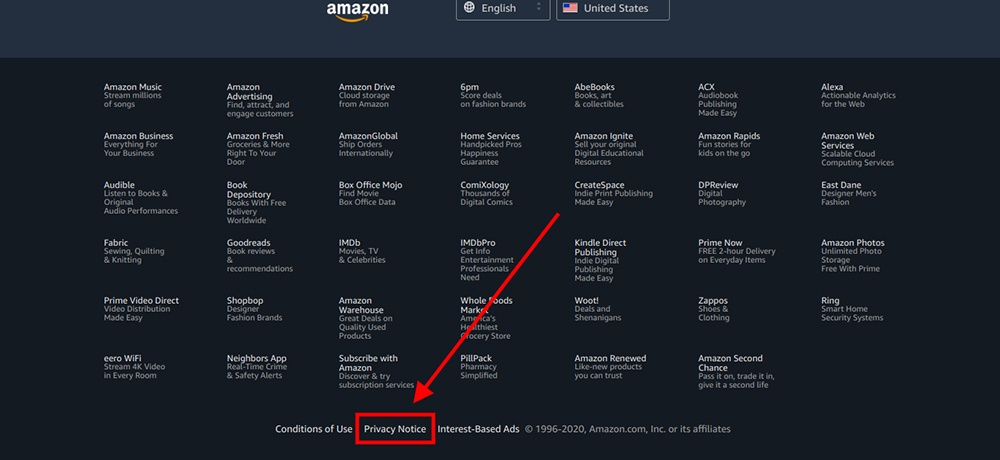 Amazon homepage and footer with Privacy Notice link highlighted