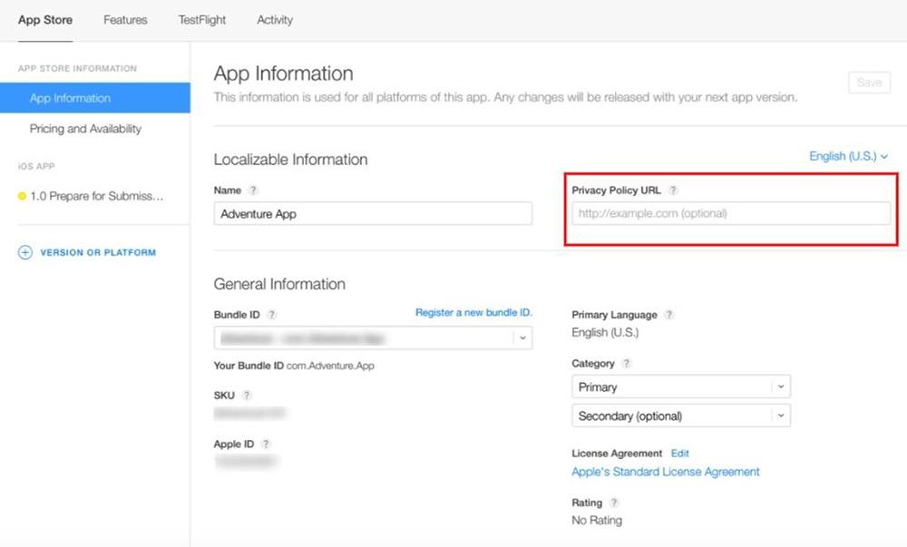 Apple App Store Connect Help: App Information dashboard with Privacy Policy URL highlighted