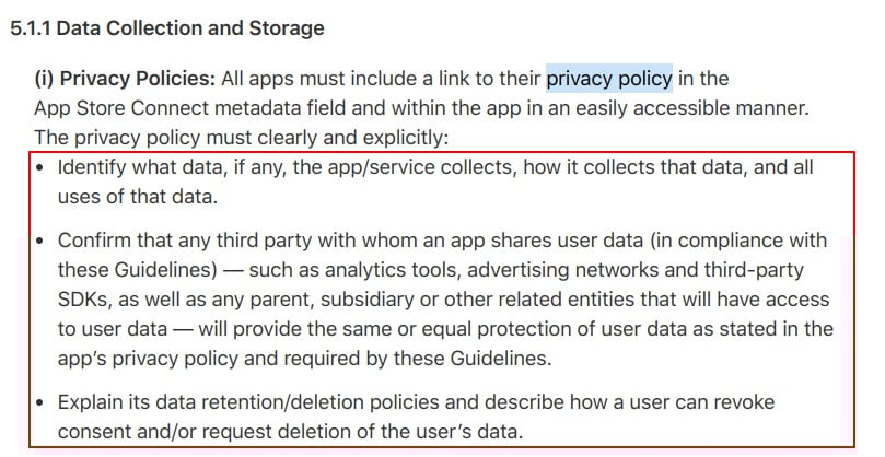 Apple App Store Review Guidelines: Data Collection and Storage clause - <a href=