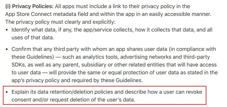 Apple App Store Review Guidelines: Privacy Policy and data retention, deletion and consent requirement