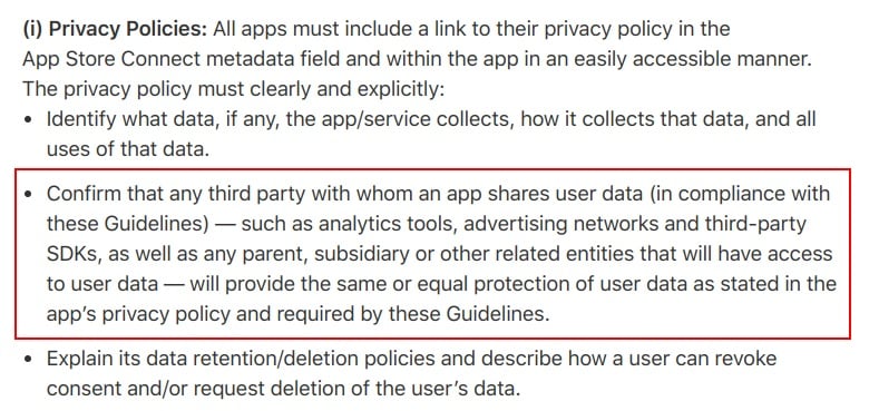 Apple App Store Review Guidelines: Privacy Policy and third party protection requirement