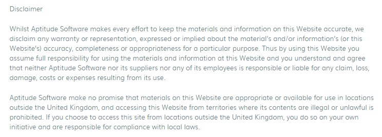 Aptitude Software Terms and Conditions: Disclaimer clause