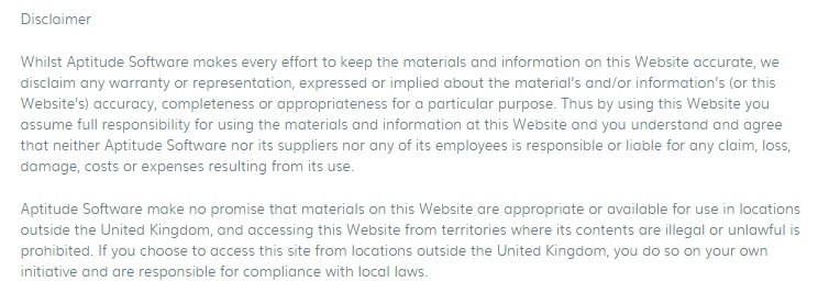 Aptitude Software Terms and Conditions: Disclaimer clause