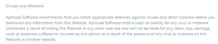 Aptitude Software Terms and Conditions: Viruses and Malware disclaimer clause