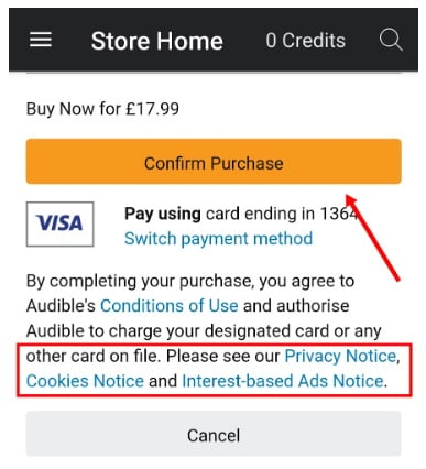 Audible app Confirm Purchase screen with Terms and Privacy links highlighted