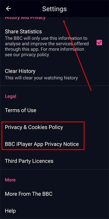 BBC iPlayer app: Settings menu with Privacy links highlighted
