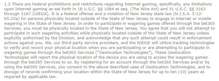 Bet365 Terms and Conditions: Federal prohibitions on gambling clause