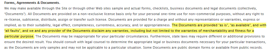 Cincinnati GI Terms of Use: Forms, Agreements and Documents clause - Warranty section highlighted