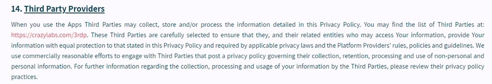 Crazy Labs Privacy Policy: Third Party Providers clause