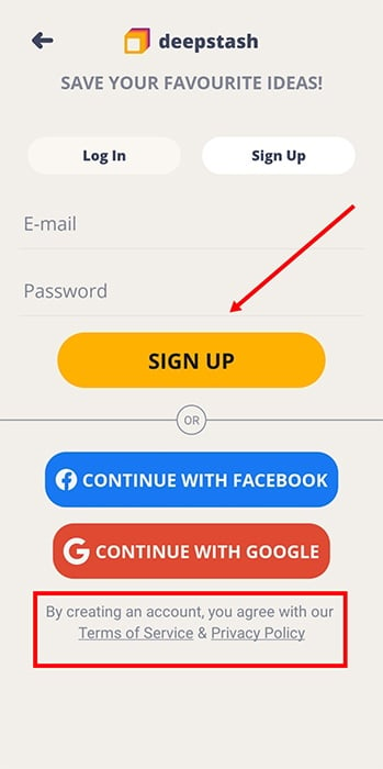 Deepstash app Create Account screen with Terms and Policy links highlighted